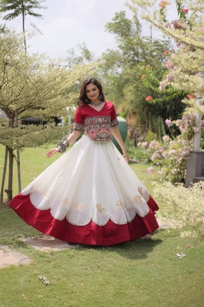 Perfect White Red Roman Fabric Navratri Lehenga Collection with Premium Boutique Quality Navratri Lehnega Choli
