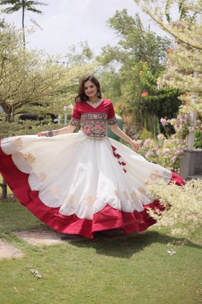 Perfect White Red Roman Fabric Navratri Lehenga Collection with Premium Boutique Quality Navratri Lehnega Choli