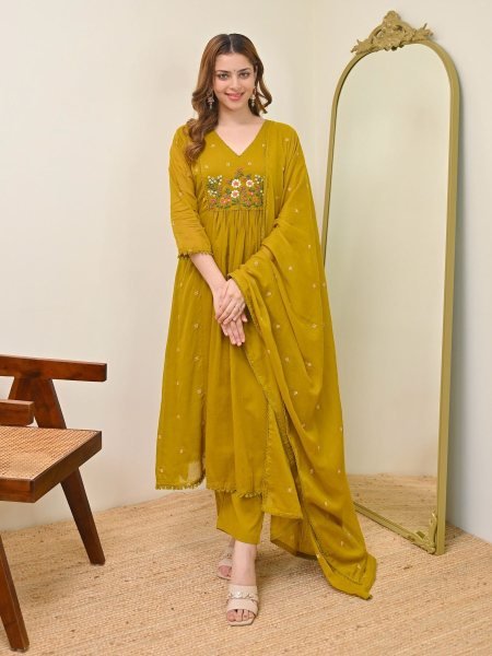 Perfect Yellow Mull Chanderi Kurti Pant Dupatta Set with Embroidery Work Kurtis