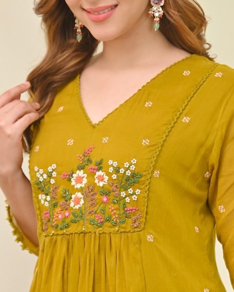 Perfect Yellow Mull Chanderi Kurti Pant Dupatta Set with Embroidery Work Anarkali Kurtis 
