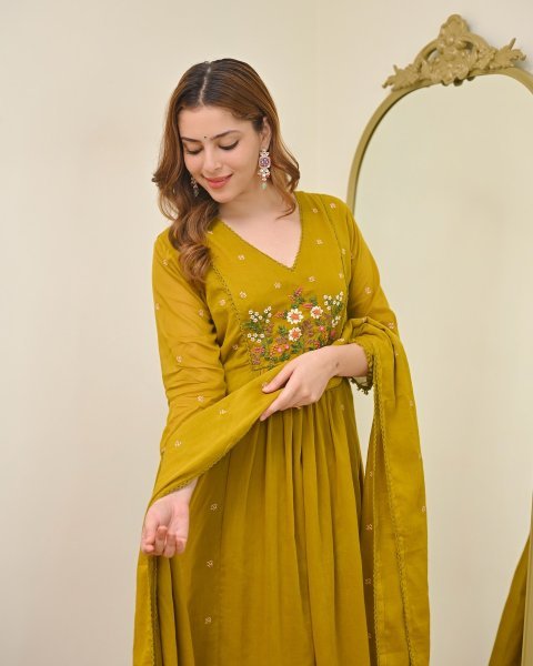 Perfect Yellow Mull Chanderi Kurti Pant Dupatta Set with Embroidery Work Anarkali Kurtis 