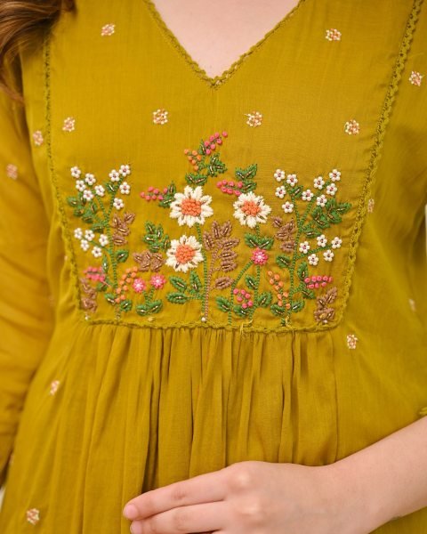 Perfect Yellow Mull Chanderi Kurti Pant Dupatta Set with Embroidery Work Anarkali Kurtis 