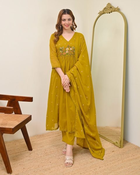 Perfect Yellow Mull Chanderi Kurti Pant Dupatta Set with Embroidery Work Anarkali Kurtis 