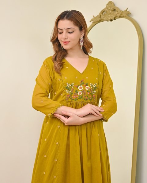 Perfect Yellow Mull Chanderi Kurti Pant Dupatta Set with Embroidery Work Anarkali Kurtis 
