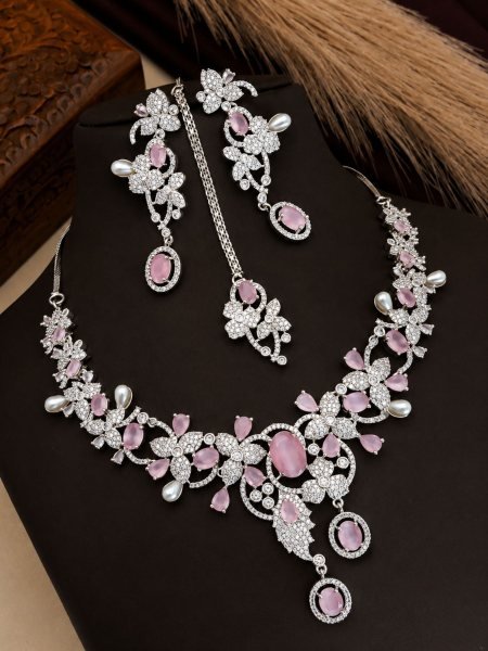 Pink American Diamond Bridal Choker Set with Maang Tikka 