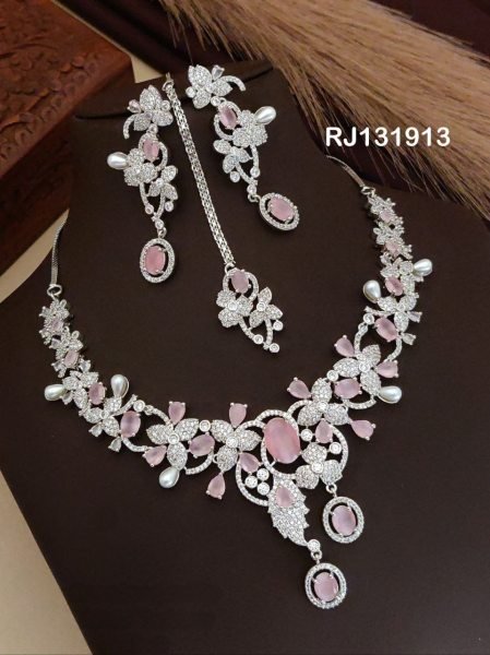 Pink American Diamond Bridal Choker Set with Maang Tikka Fashion Accessories Wholesale