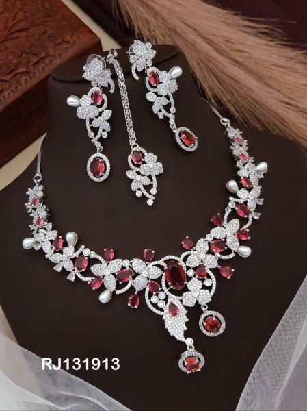 Pink American Diamond Bridal Choker Set with Maang Tikka Fashion Accessories Wholesale