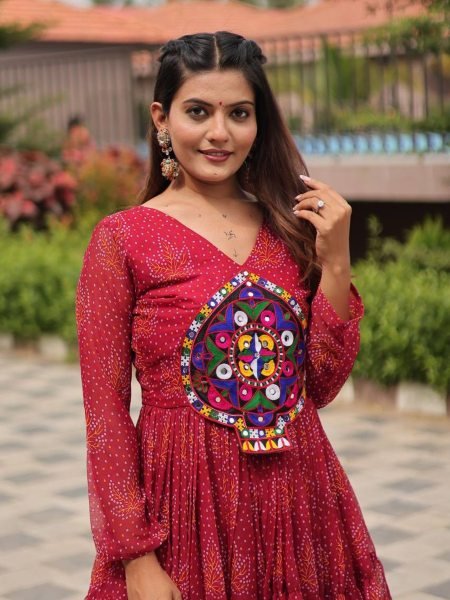 Pink Bandhani Anarkali Kurti for Navratri with Mirror Work Wholesale Garba Outfit Navratri Collection