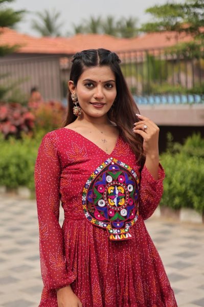Pink Bandhani Anarkali Kurti for Navratri with Mirror Work Wholesale Garba Outfit Navratri Collection