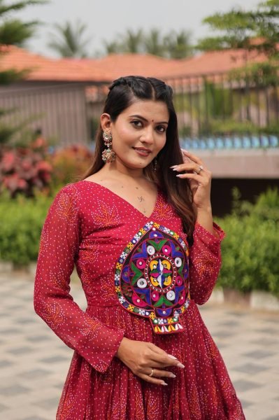 Pink Bandhani Anarkali Kurti for Navratri with Mirror Work Wholesale Garba Outfit Navratri Collection