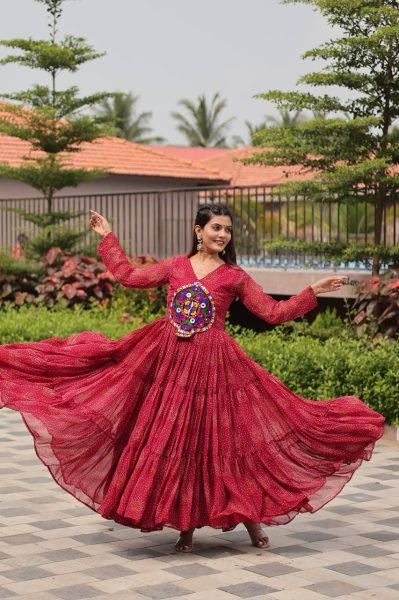 Pink Bandhani Anarkali Kurti for Navratri with Mirror Work Wholesale Garba Outfit Navratri Collection