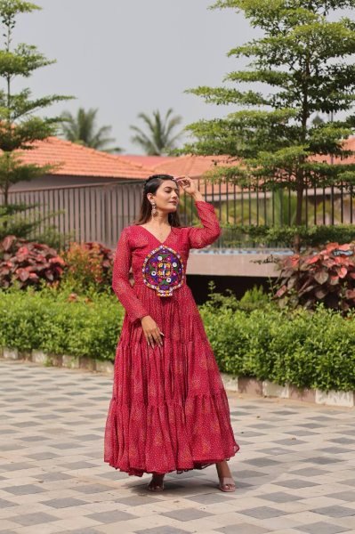 Pink Bandhani Anarkali Kurti for Navratri with Mirror Work Wholesale Garba Outfit Navratri Collection