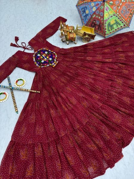 Pink Bandhani Anarkali Kurti for Navratri with Mirror Work Wholesale Garba Outfit Navratri Collection