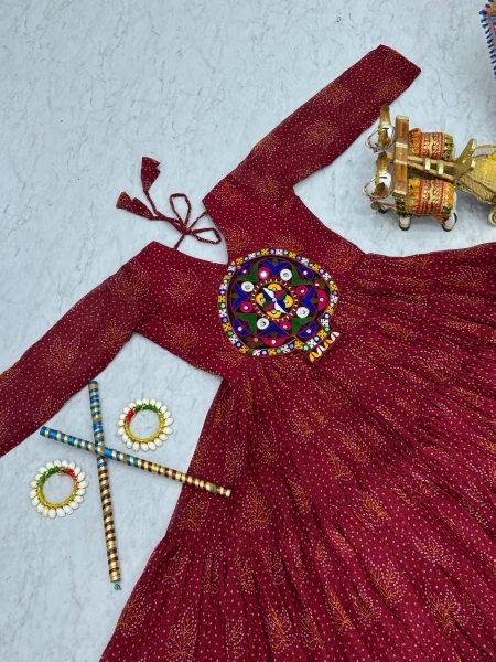 Pink Bandhani Anarkali Kurti for Navratri with Mirror Work Wholesale Garba Outfit Navratri Collection