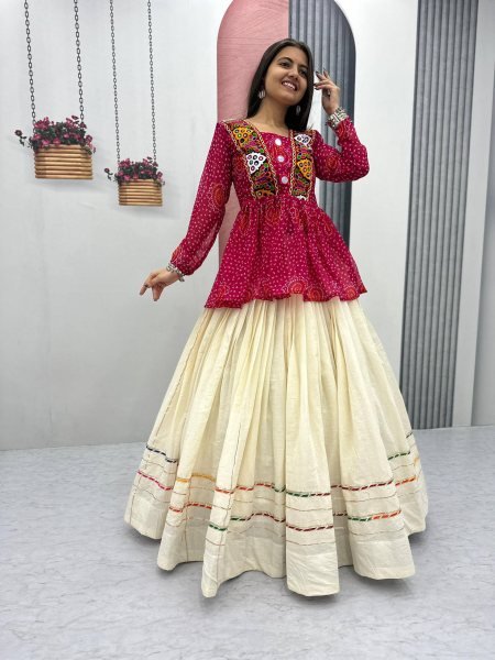 Pink Bandhej Khadi Cotton Lehenga Choli with Mirror Embroidery Navratri Vibes 2025 Navratri Lehnega Choli