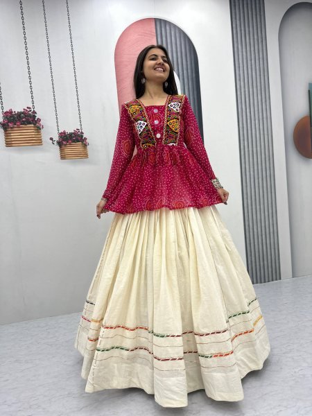 Pink Bandhej Khadi Cotton Lehenga Choli with Mirror Embroidery Navratri Vibes 2025 Navratri Lehnega Choli