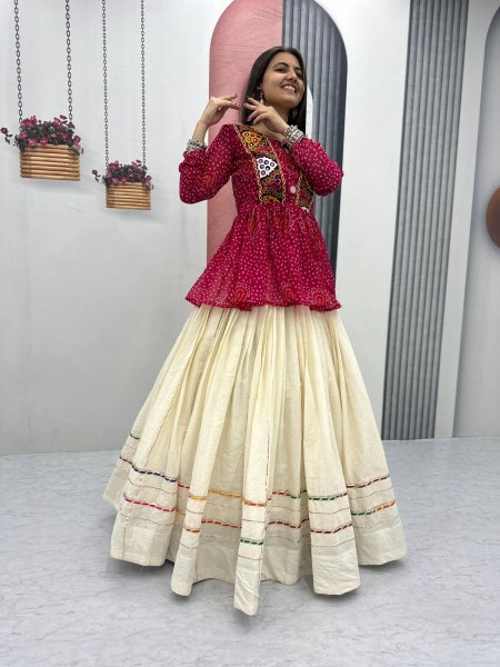 Pink Bandhej Khadi Cotton Lehenga Choli with Mirror Embroidery Navratri Vibes 2025 Navratri Lehnega Choli