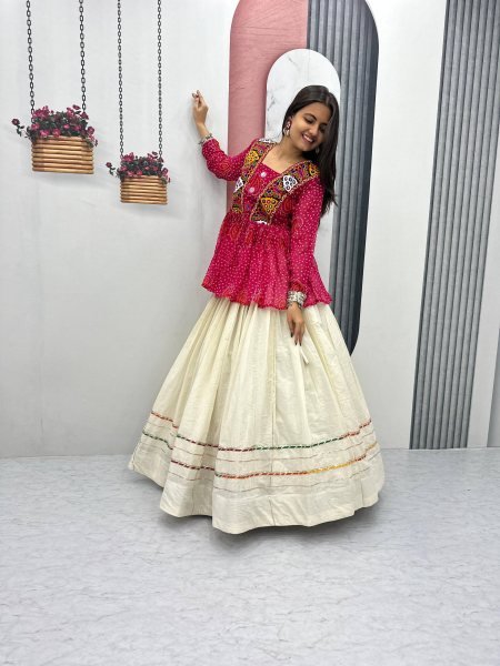 Pink Bandhej Khadi Cotton Lehenga Choli with Mirror Embroidery Navratri Vibes 2025 Navratri Lehnega Choli