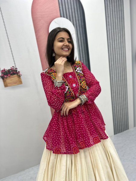 Pink Bandhej Khadi Cotton Lehenga Choli with Mirror Embroidery Navratri Vibes 2025 Navratri Lehnega Choli