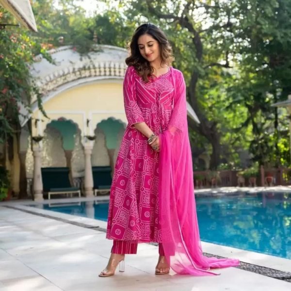 Pink Bandhej Printed Anarkali Kurti With Pant And Dupatta Set  3 Piece Kurti Set