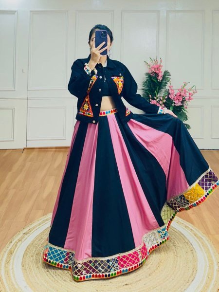 Pink Black Rayon Navratri Lehenga Set with Gamthi Jacket Ready to Wear for Garba Events 