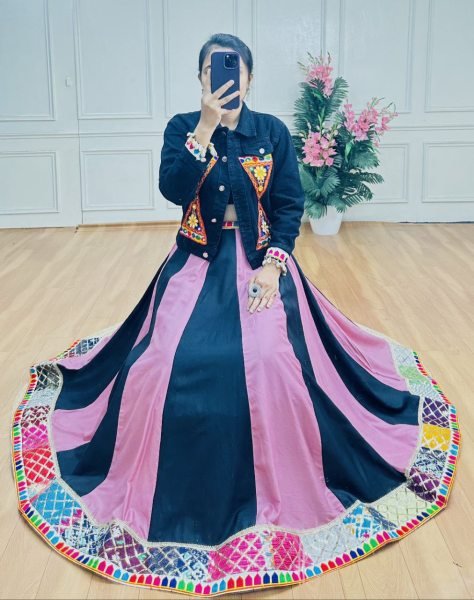 Pink Black Rayon Navratri Lehenga Set with Gamthi Jacket Ready to Wear for Garba Events Navratri Collection