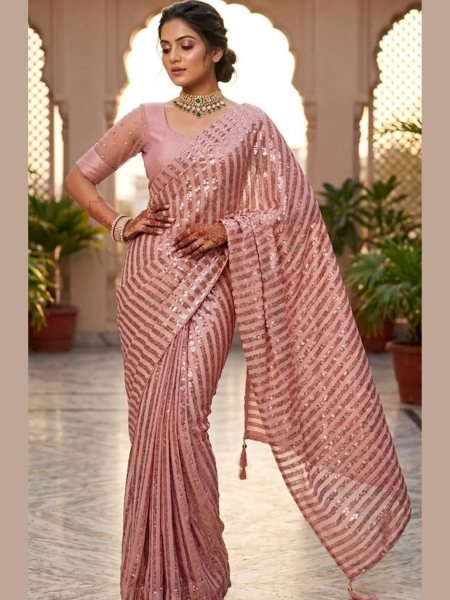 Pink Bollywood Sequins Saree with Mulberry Silk Blouse at Manufacturer Rate 