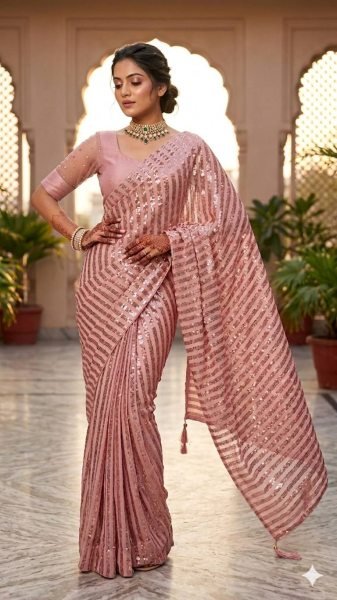 Pink Bollywood Sequins Saree with Mulberry Silk Blouse at Manufacturer Rate Bollywood Fancy Sarees Wholesale
