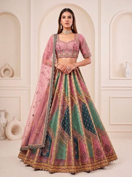 Pink Bridal Gadhwal Silk Lehenga with Dori Work  Zari Embroidery and Diamond Handwork 