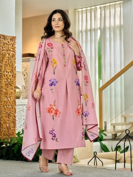 Pink Chanderi Butti Printed Kurta Set with Muslin Dupatta for Women Kurtis