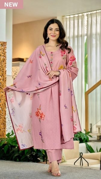 Pink Chanderi Butti Printed Kurta Set with Muslin Dupatta for Women Printed Kurtis