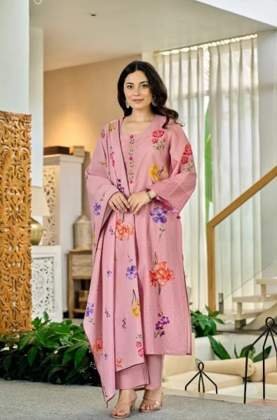 Pink Chanderi Butti Printed Kurta Set with Muslin Dupatta for Women Printed Kurtis