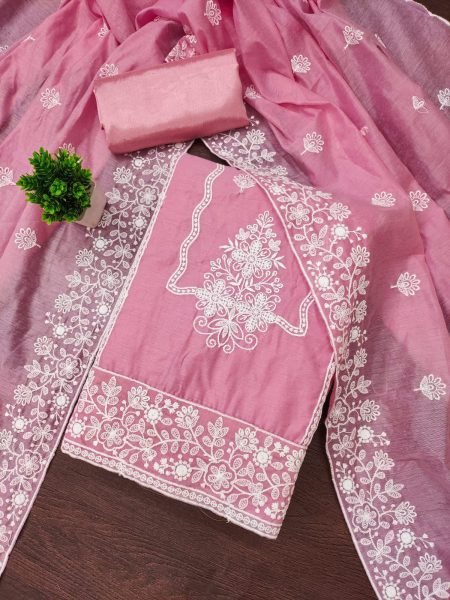 Pink Chanderi Silk Dress Material With Exquisite Floral Thread Embroidery Color Set Matching Dress Material Wholesale