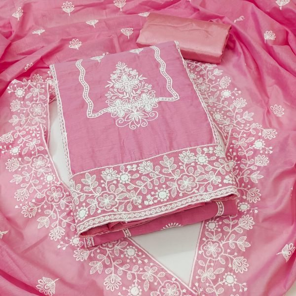 Pink Chanderi Silk Dress Material With Exquisite Floral Thread Embroidery Color Set Matching Dress Material Wholesale