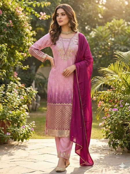 Pink Chinnon Embroidered Suit Set with Pant and Dupatta for Party Wear Ready To Wear Suit