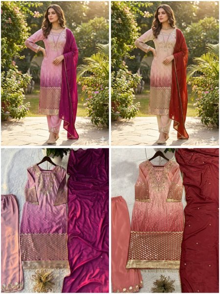 Pink Chinnon Embroidered Suit Set with Pant and Dupatta for Party Wear Ready To Wear Collection