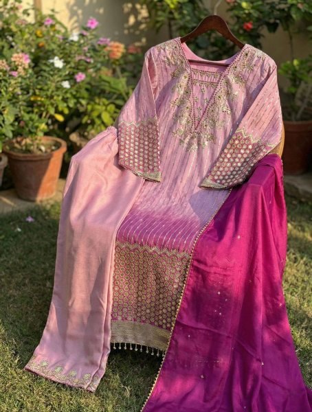Pink Chinnon Embroidered Suit Set with Pant and Dupatta for Party Wear Ready To Wear Collection