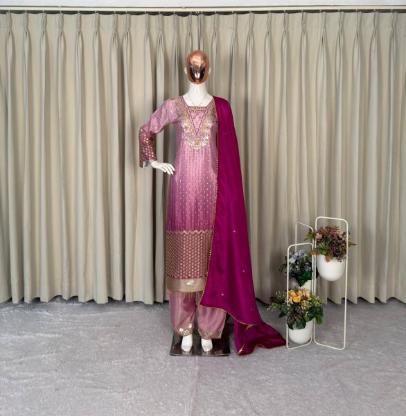 Pink Chinnon Embroidered Suit Set with Pant and Dupatta for Party Wear Ready To Wear Collection