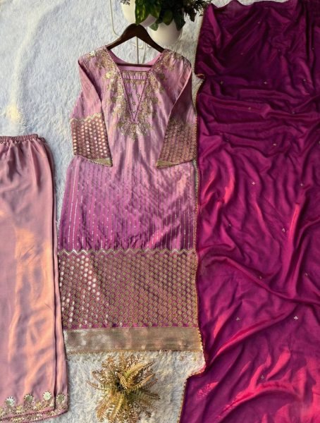 Pink Chinnon Embroidered Suit Set with Pant and Dupatta for Party Wear Ready To Wear Collection
