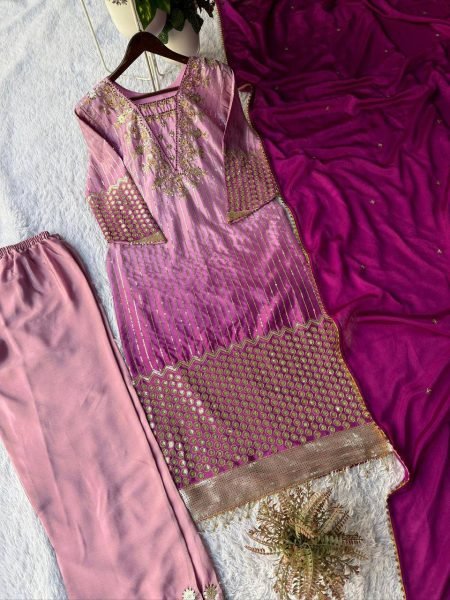 Pink Chinnon Embroidered Suit Set with Pant and Dupatta for Party Wear Ready To Wear Collection