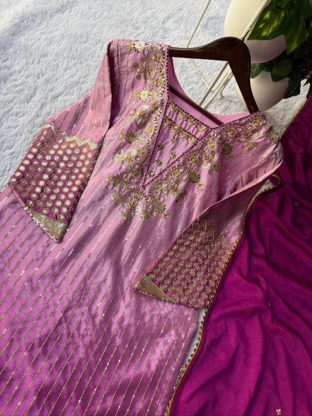Pink Chinnon Embroidered Suit Set with Pant and Dupatta for Party Wear Ready To Wear Collection