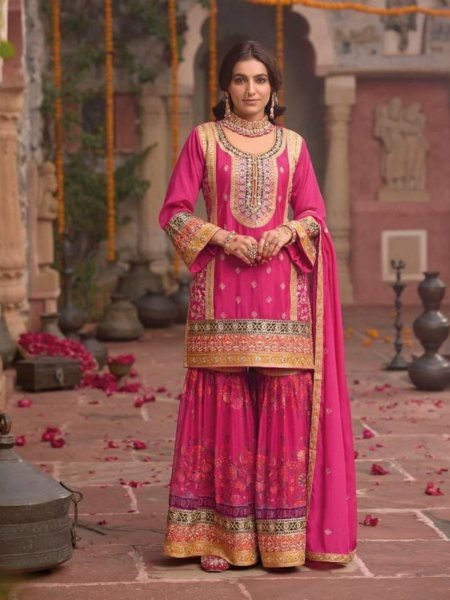 Pink Chinon Embroidered Palazzo Suit with Dupatta Pakistani Wedding Wear Ready To Wear Suit