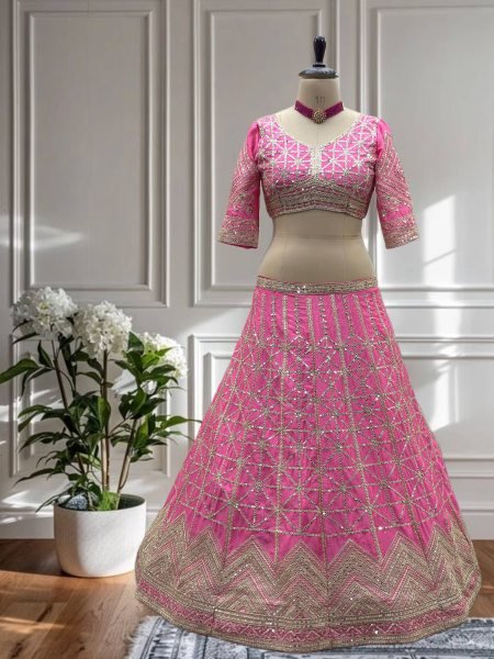 Pink Chinon Lehenga with Heavy Embroidery and 3M Flair Engagement Wear Designer Lehenga Choli