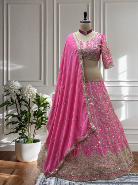Pink Chinon Lehenga with Heavy Embroidery and 3M Flair Engagement Wear Designer Lehenga Choli