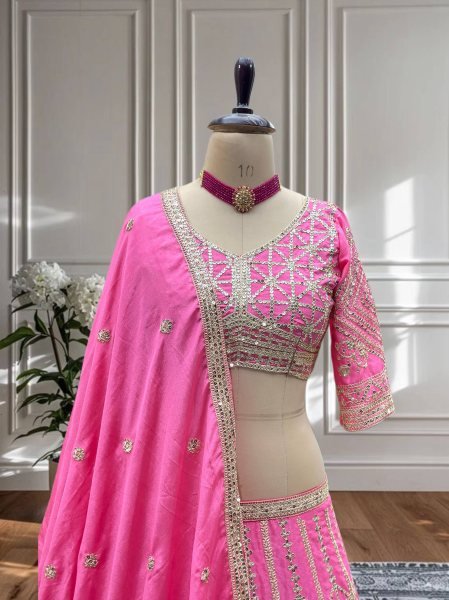Pink Chinon Lehenga with Heavy Embroidery and 3M Flair Engagement Wear Designer Lehenga Choli