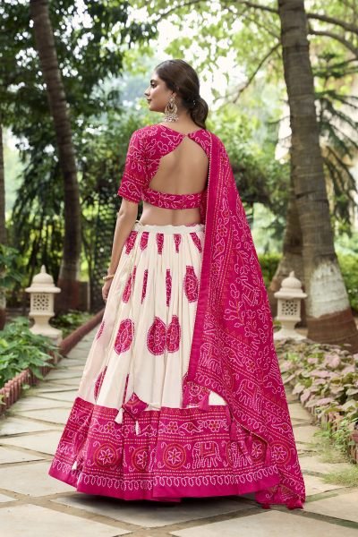 Pink Color Bandhej Printed Tussar Silk Indian Lehenga Choli Set Navratri Lehnega Choli