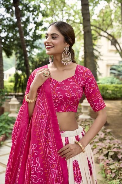 Pink Color Bandhej Printed Tussar Silk Indian Lehenga Choli Set Navratri Lehnega Choli