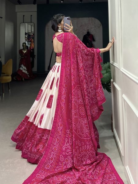 Pink Color Bandhej Printed Tussar Silk Indian Lehenga Choli Set Navratri Lehnega Choli