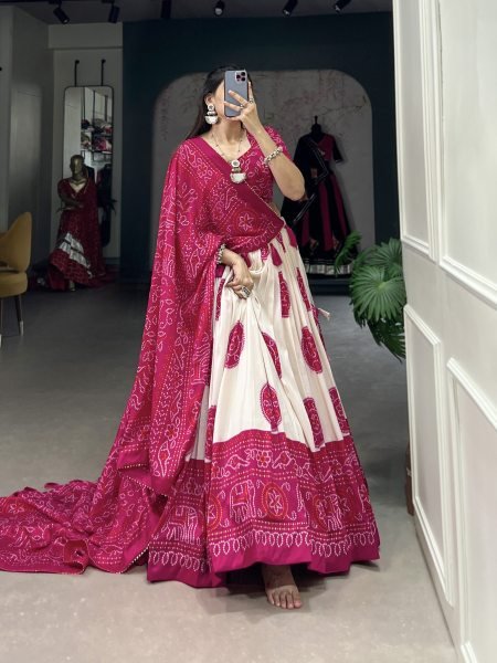 Pink Color Bandhej Printed Tussar Silk Indian Lehenga Choli Set Navratri Lehnega Choli