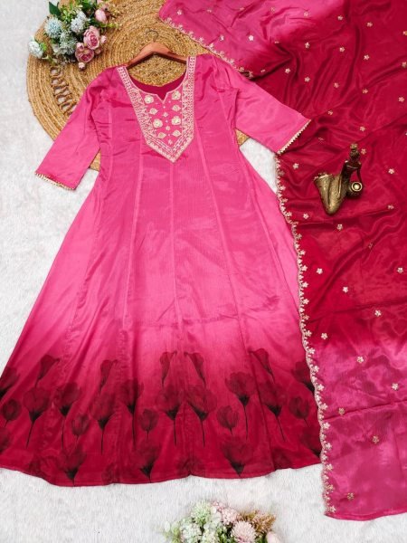 Pink color beautiful Chinon fabric glamorous partywear suit For Girls and Women Anarkali Kurtis 